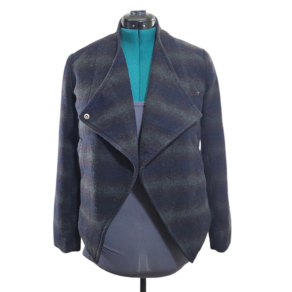 Dex Jacket Women Medium Blue Grey Wool Blend Asymmetrical Snap Draped Plaid